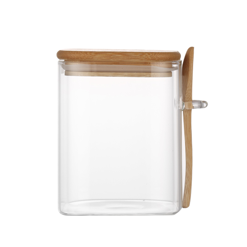Square with Bamboo Lid And Spoon Food Storage Jar