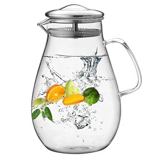 High borosilicate glass water jug with stainless steel lid and handle