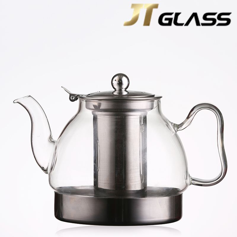 Transparent Glass 1000ml Stainless Steel Strainer Teapot Round Glass Filter Teapot