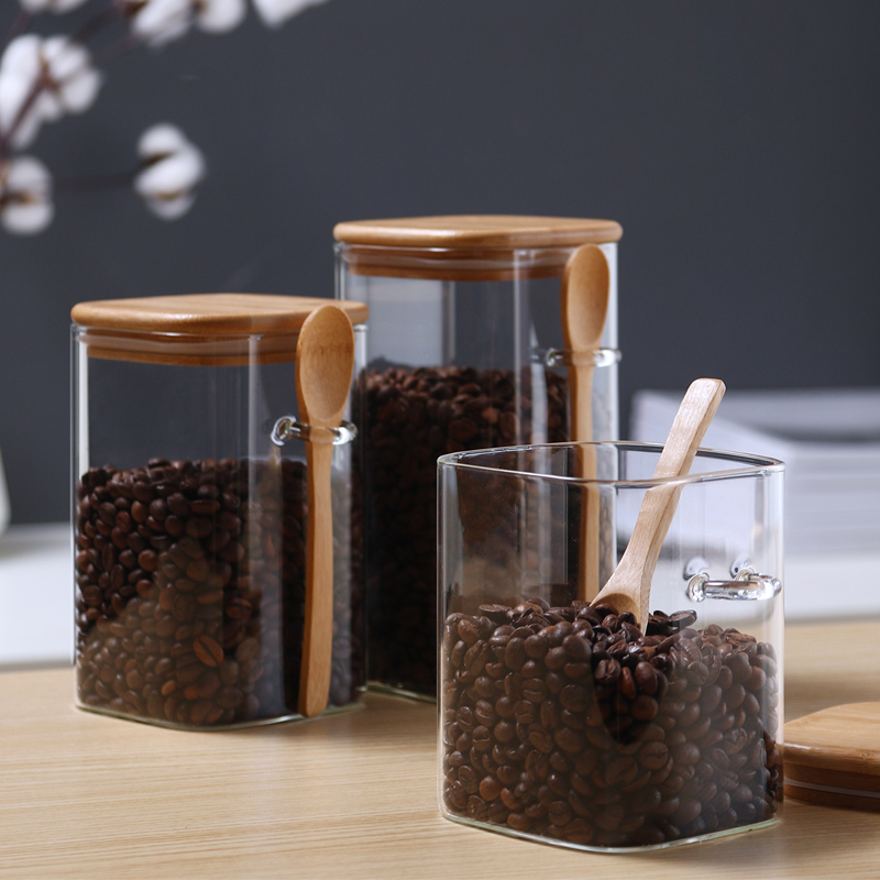 Square with Bamboo Lid And Spoon Food Storage Jar